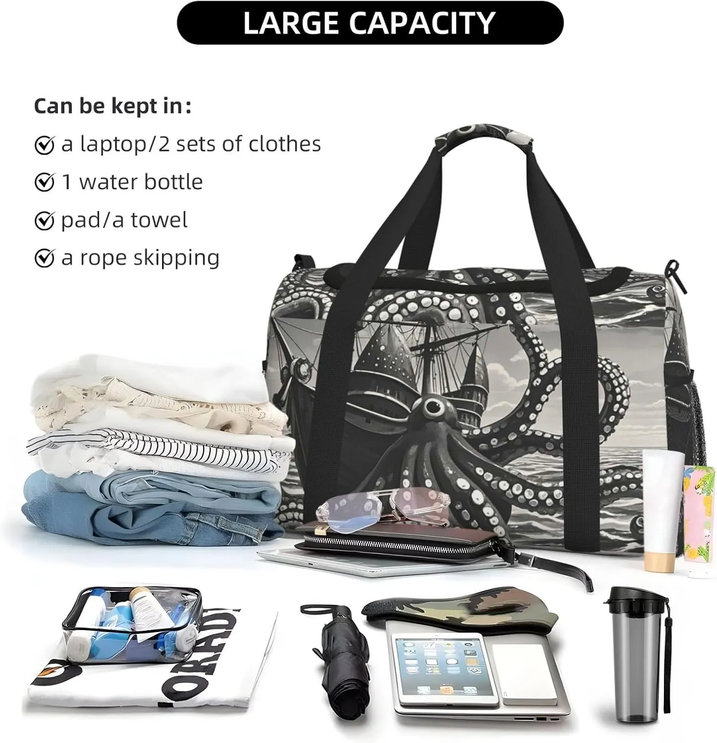 Gym Bag Black and White Octopus and Ship Duffel Bag for Men Women Travel Overnight Bag with Shoe Compartment Workout Bags