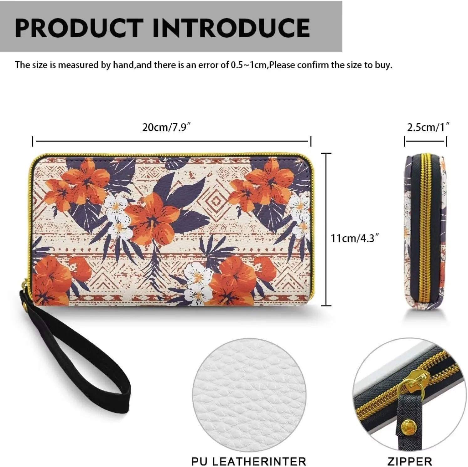Hawaiian Tribal Wristlet Clutch Purse Tropical Flowers Zipper Around Wallet for Women, Red Hibiscus Soft Leather Long Wallet with Strap Travel Phone Purse