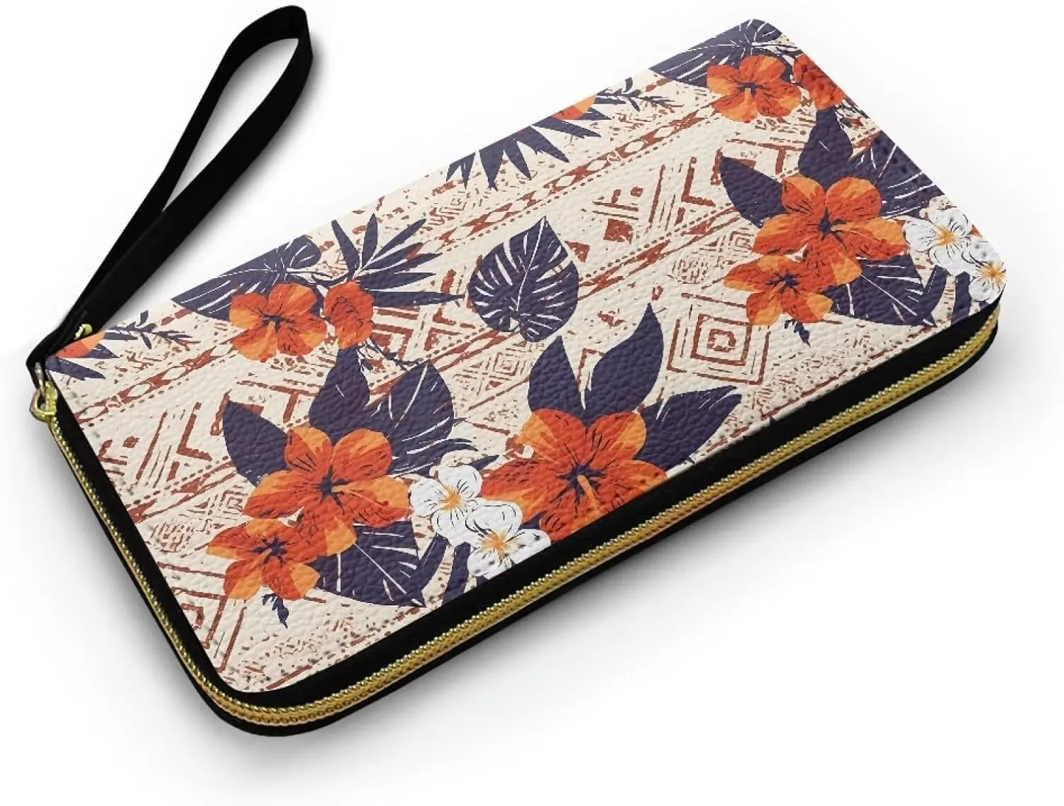 Hawaiian Tribal Wristlet Clutch Purse Tropical Flowers Zipper Around Wallet for Women, Red Hibiscus Soft Leather Long Wallet with Strap Travel Phone Purse