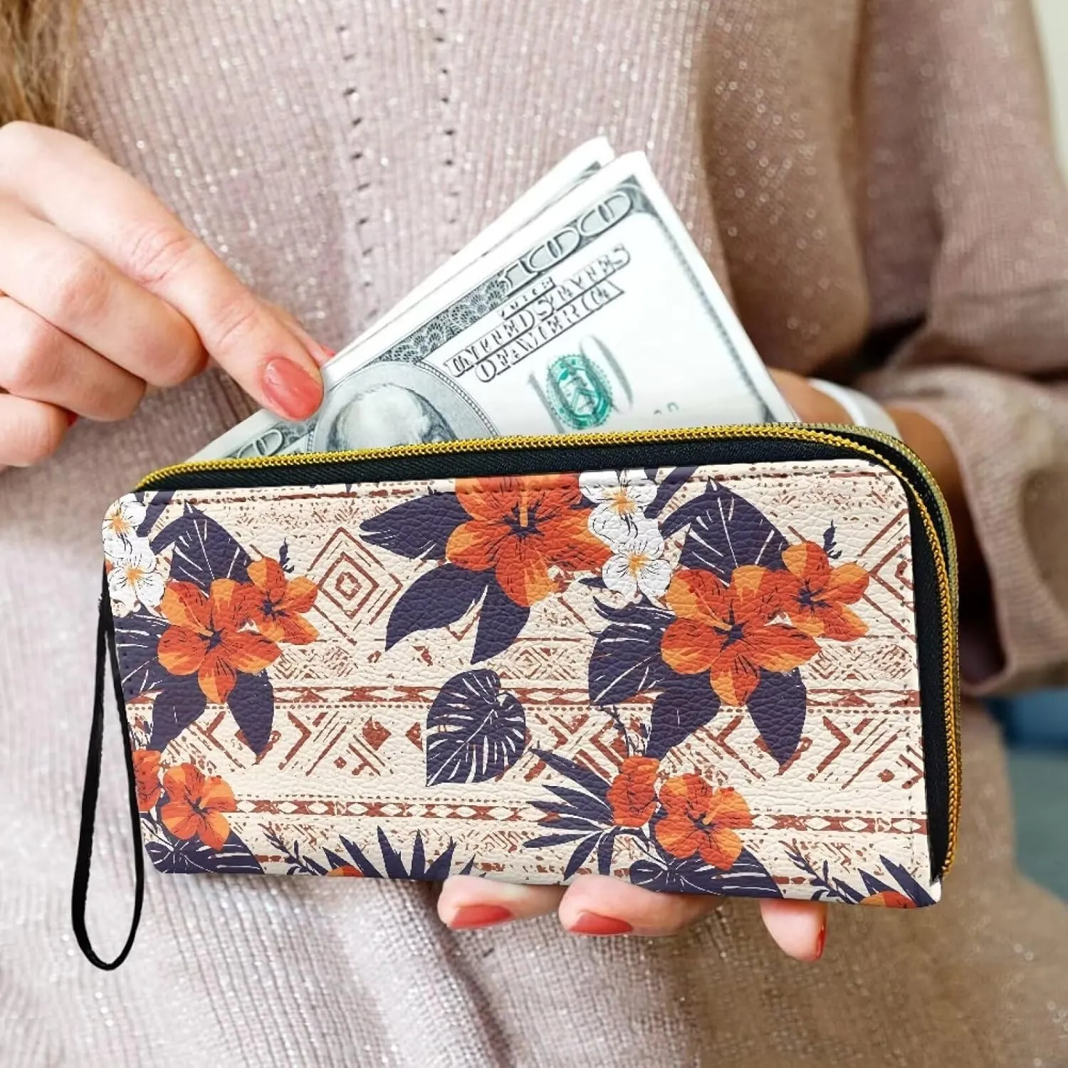 Hawaiian Tribal Wristlet Clutch Purse Tropical Flowers Zipper Around Wallet for Women, Red Hibiscus Soft Leather Long Wallet with Strap Travel Phone Purse