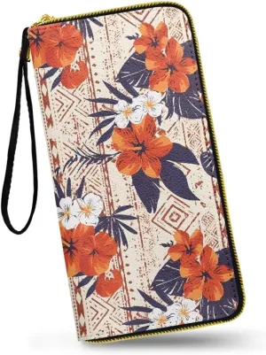 Hawaiian Tribal Wristlet Clutch Purse Tropical Flowers Zipper Around Wallet for Women, Red Hibiscus Soft Leather Long Wallet with Strap Travel Phone Purse