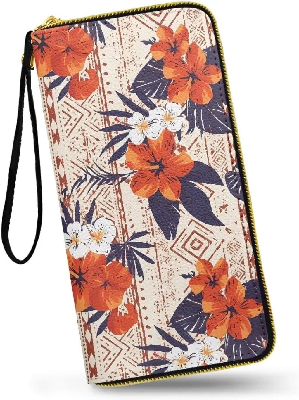 Hawaiian Tribal Wristlet Clutch Purse Tropical Flowers Zipper Around Wallet for Women, Red Hibiscus Soft Leather Long Wallet with Strap Travel Phone Purse