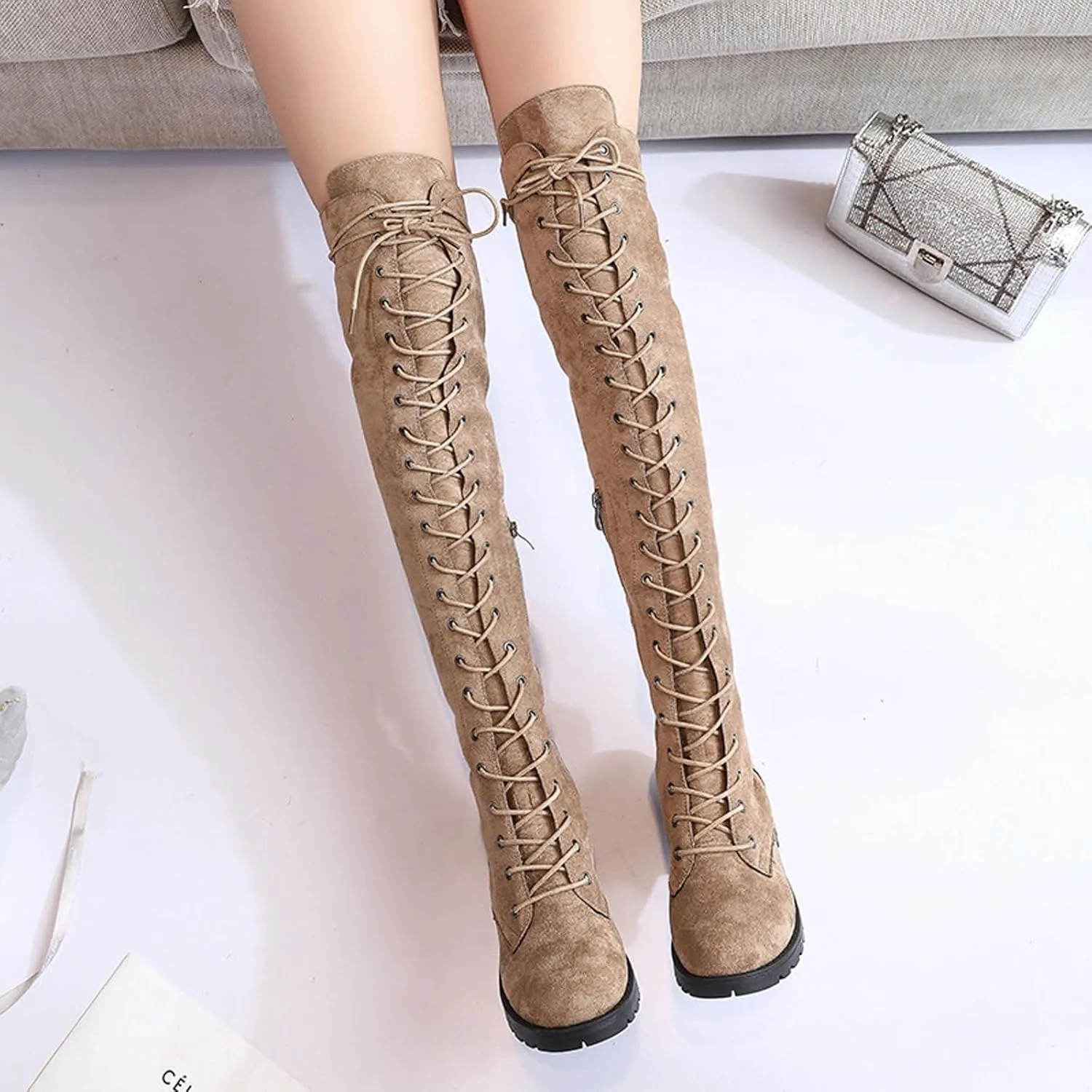 hlysgo Womens Lacing Up Over The Knee Fashion Winter Wide Calf Sexy Thigh High Stretch Long Boots