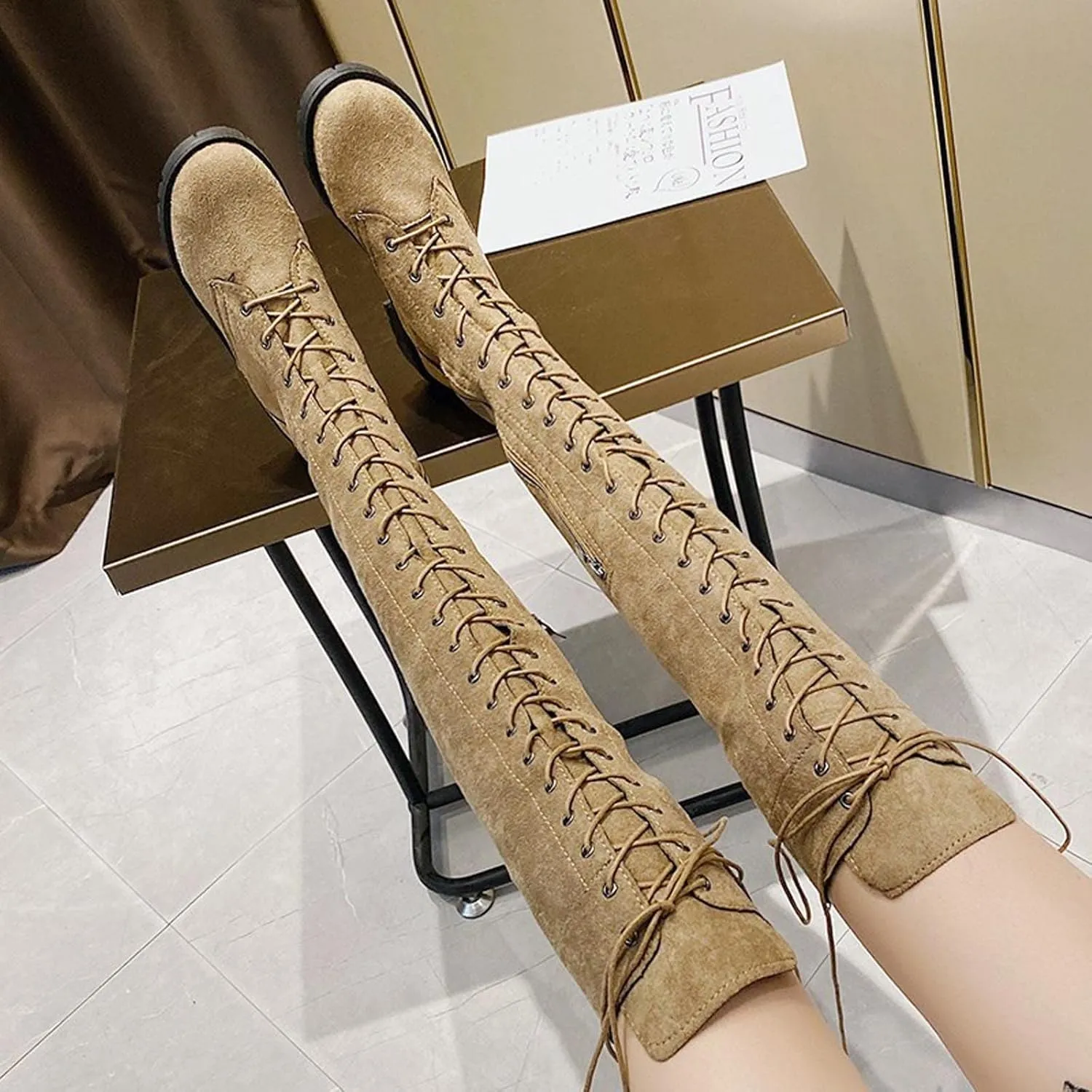 hlysgo Womens Lacing Up Over The Knee Fashion Winter Wide Calf Sexy Thigh High Stretch Long Boots