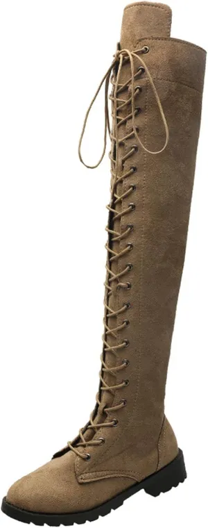 hlysgo Womens Lacing Up Over The Knee Fashion Winter Wide Calf Sexy Thigh High Stretch Long Boots