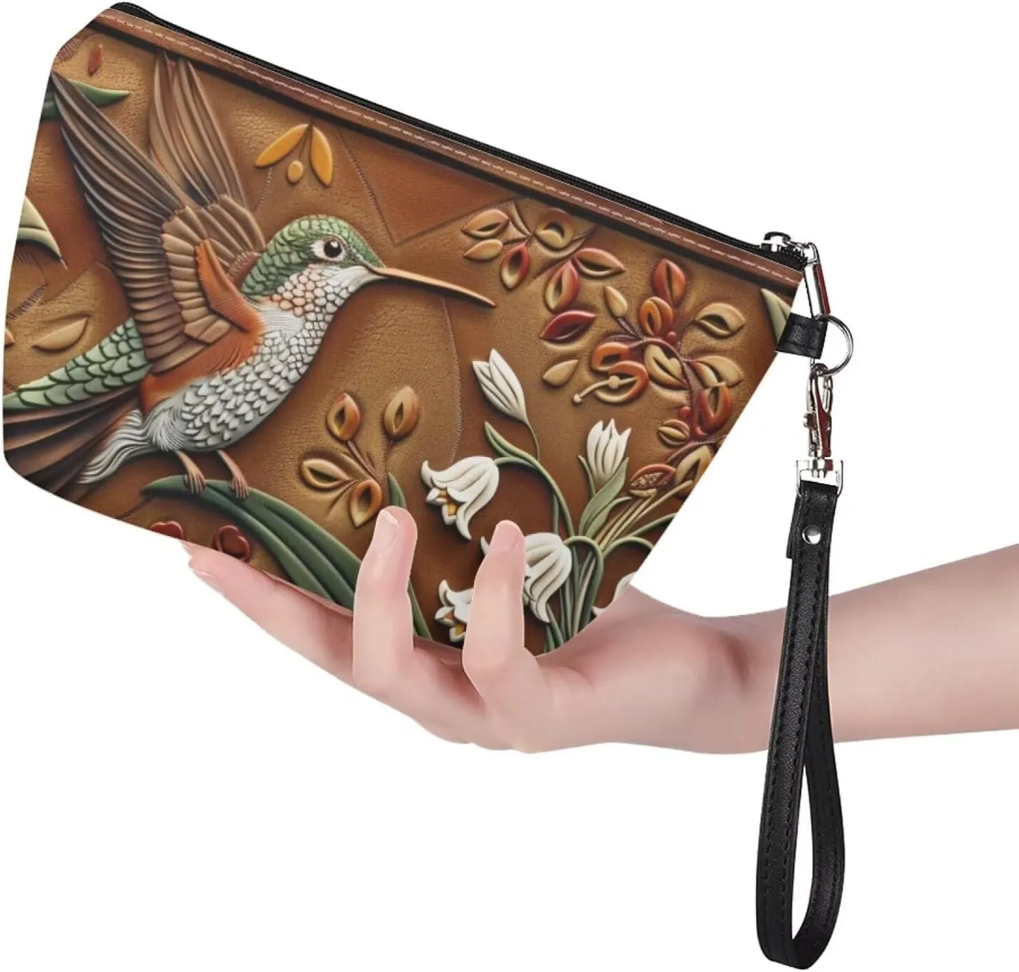 Hummingbird Flower Print Cosmetic Bag for Women Girls, Portable Lightweight Toiletry Pouch Large Capacity Makeup Bag, Waterproof PU Leather Makeup Pouch with Zippers, Travel Accessories