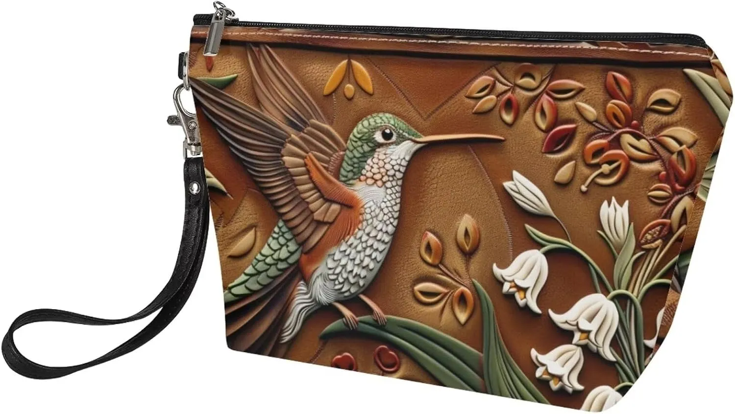 Hummingbird Flower Print Cosmetic Bag for Women Girls, Portable Lightweight Toiletry Pouch Large Capacity Makeup Bag, Waterproof PU Leather Makeup Pouch with Zippers, Travel Accessories