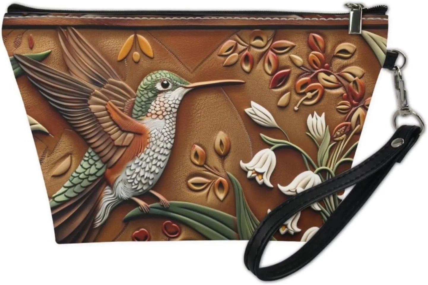 Hummingbird Flower Print Cosmetic Bag for Women Girls, Portable Lightweight Toiletry Pouch Large Capacity Makeup Bag, Waterproof PU Leather Makeup Pouch with Zippers, Travel Accessories