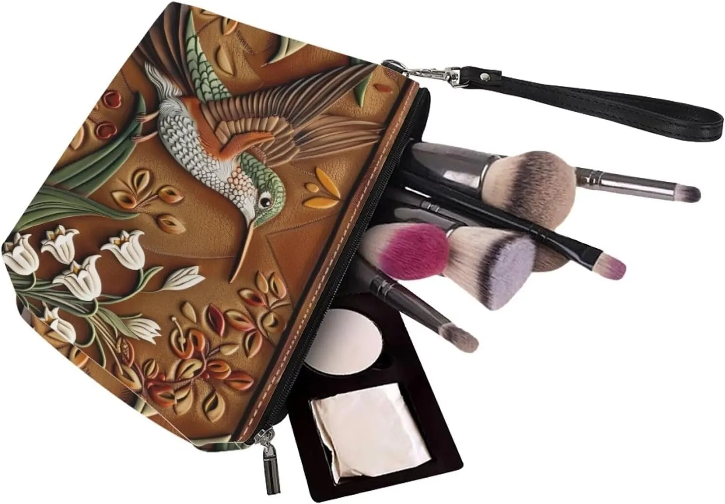 Hummingbird Flower Print Cosmetic Bag for Women Girls, Portable Lightweight Toiletry Pouch Large Capacity Makeup Bag, Waterproof PU Leather Makeup Pouch with Zippers, Travel Accessories