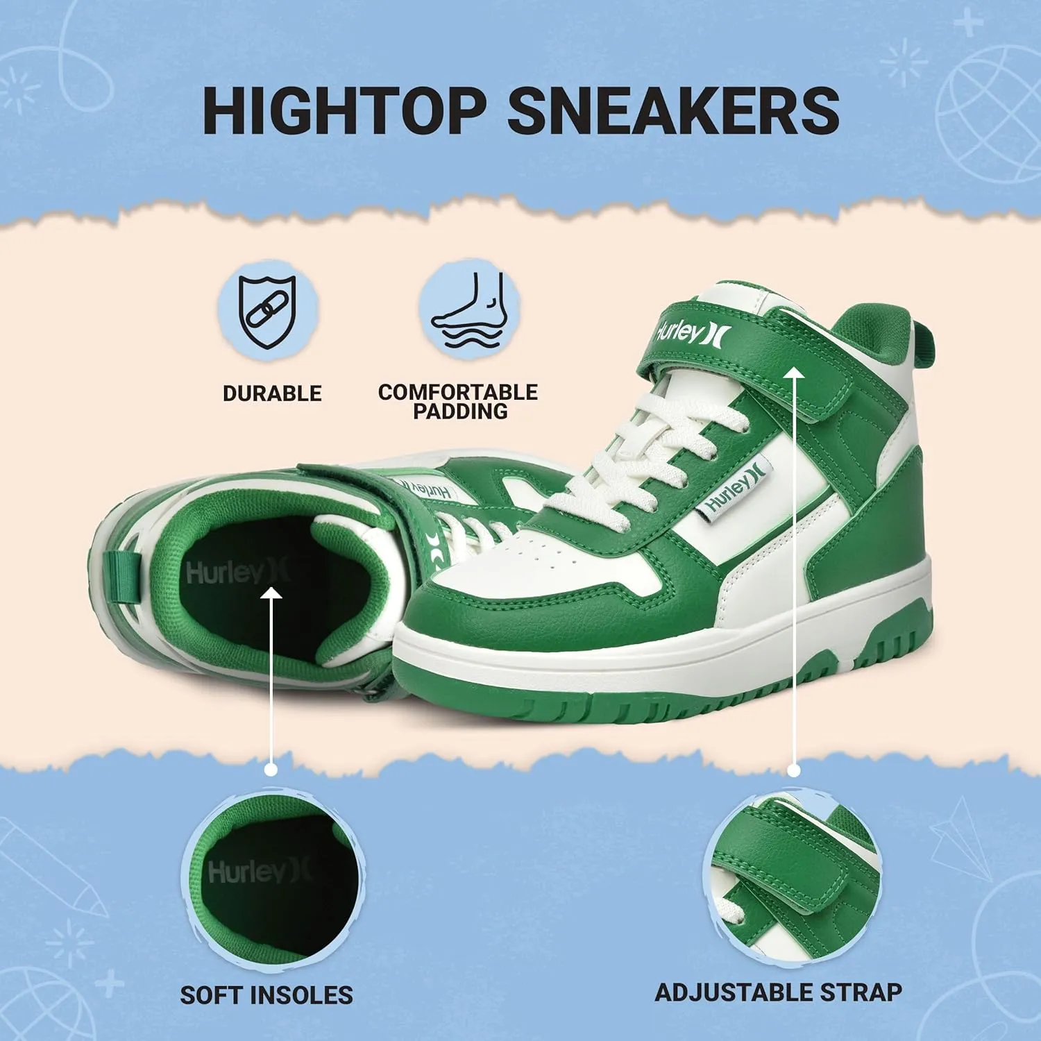 Hurley Kids' Carson High-Top Sneakers with Adjustable Strap, High Top Shoes for Kids, Sturdy Padded High Cut Sneakers for Boys and Girls, Fashionable Basketball Shoes for Kids