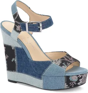 Jessica Simpson Tonnia Blue and Pewter Patchwork Platform Wedge Denim Sandals