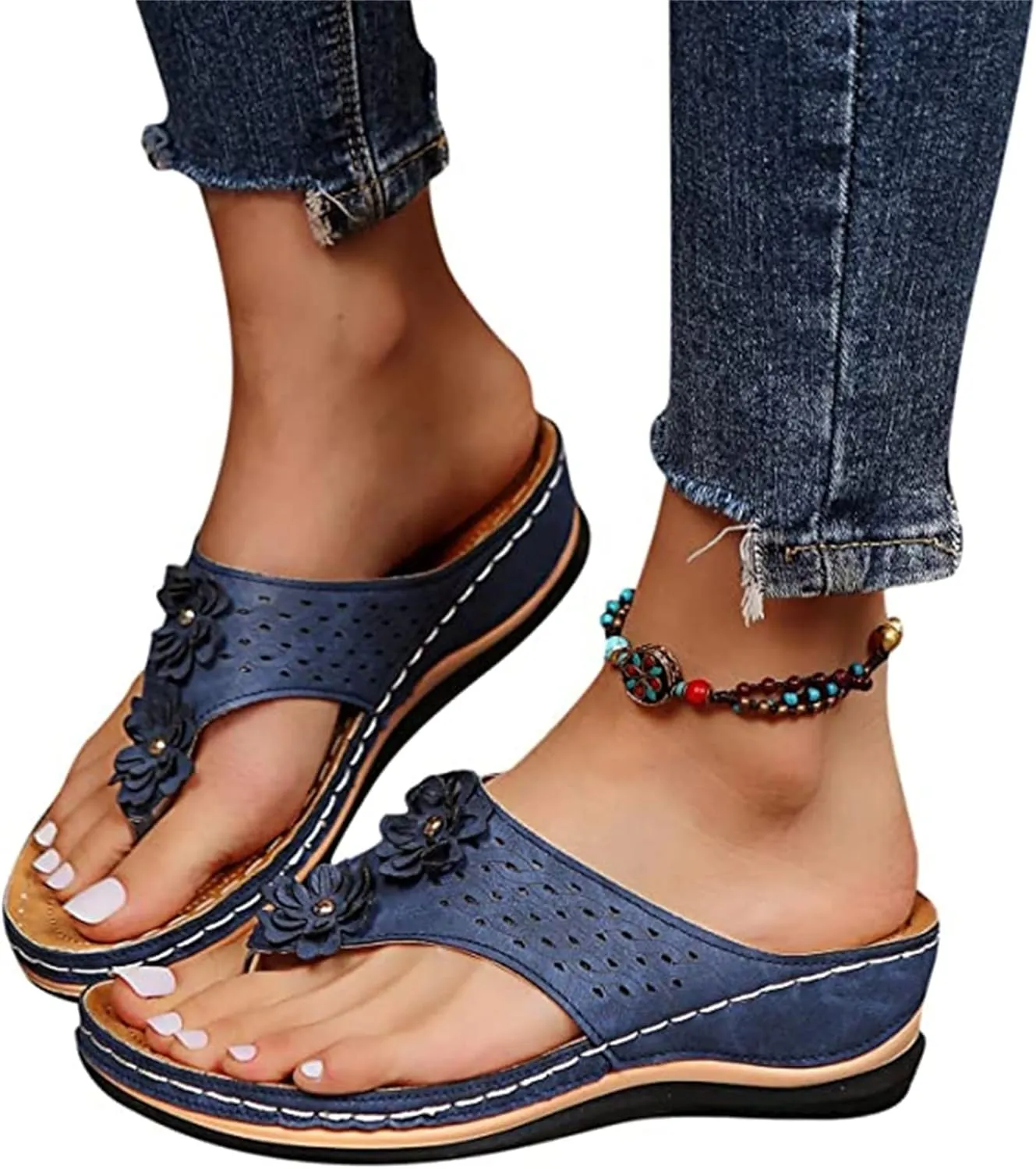 Ladmiple Sandals Women Comfortable Dressy Slip On Flat Sandals Arch Support Orthotic Slides Summer Orthopedic Flip Flops