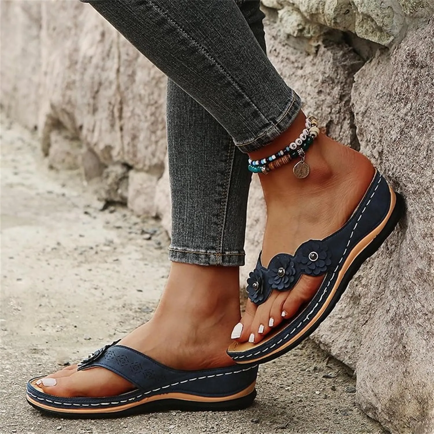 Ladmiple Sandals Women Comfortable Walking Arch Support Orthopedic Orthotic Flip Flops Dressy Summer Cute Slides Beach Shoes