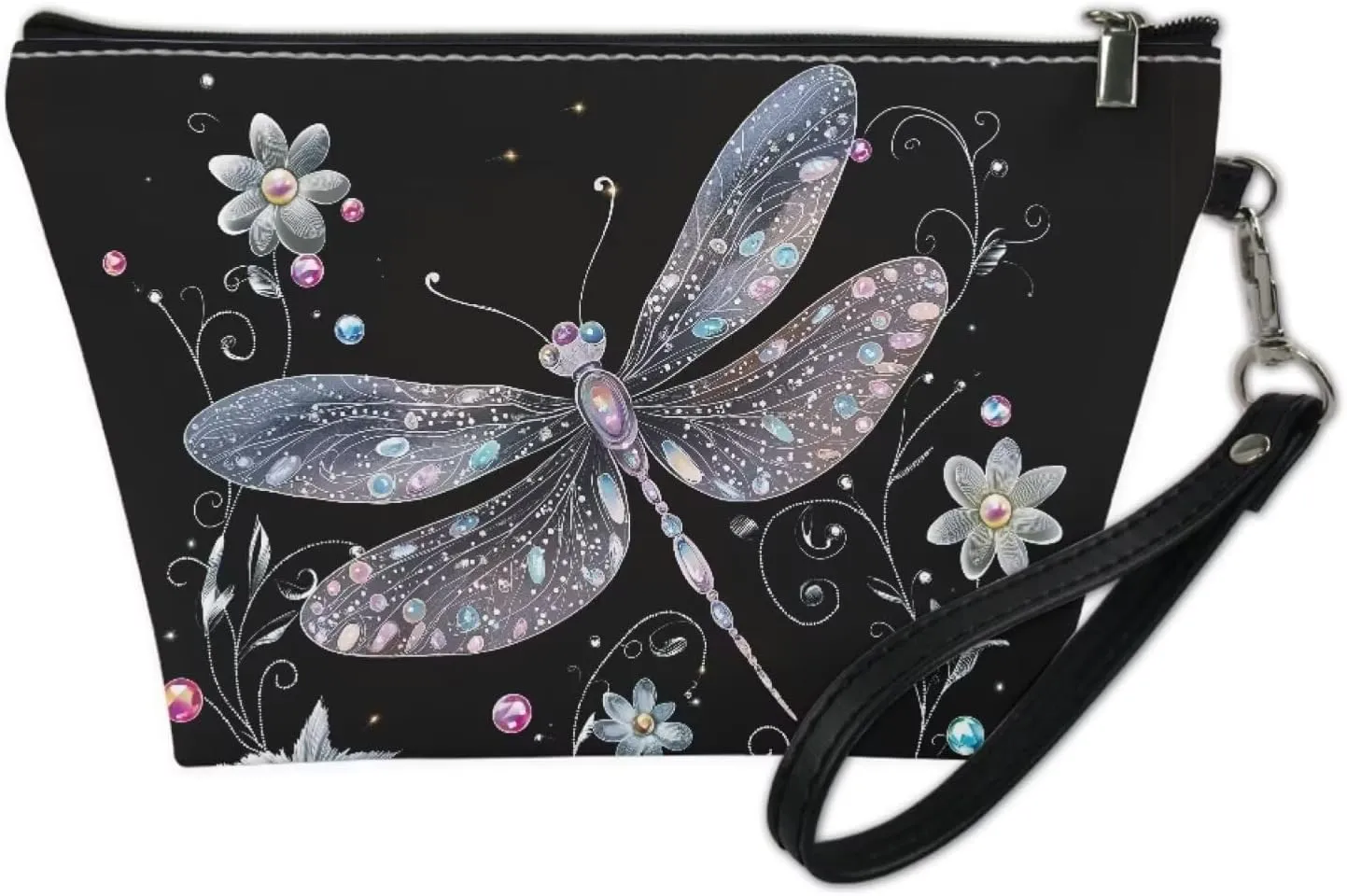 Leather Cosmetic Bag for Women Girl, Dragonfly Flower Printed Portable Toiletry Bag Small Purse with Zipper and Handle, Waterproof Large Make Up Bag, Portable Travel Accessories