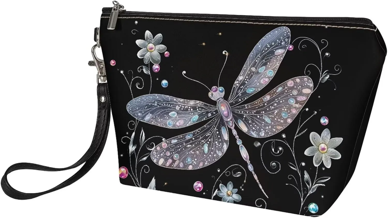 Leather Cosmetic Bag for Women Girl, Dragonfly Flower Printed Portable Toiletry Bag Small Purse with Zipper and Handle, Waterproof Large Make Up Bag, Portable Travel Accessories