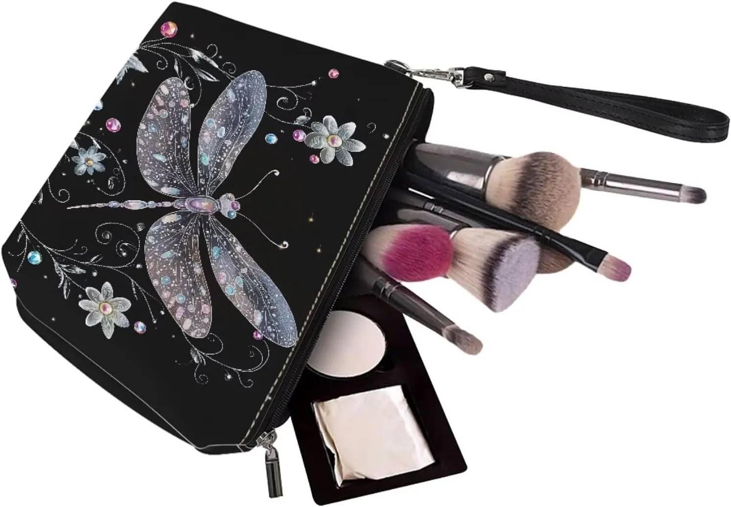 Leather Cosmetic Bag for Women Girl, Dragonfly Flower Printed Portable Toiletry Bag Small Purse with Zipper and Handle, Waterproof Large Make Up Bag, Portable Travel Accessories