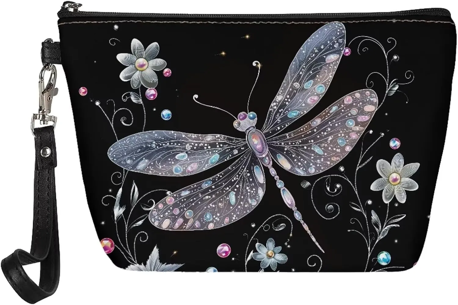 Leather Cosmetic Bag for Women Girl, Dragonfly Flower Printed Portable Toiletry Bag Small Purse with Zipper and Handle, Waterproof Large Make Up Bag, Portable Travel Accessories