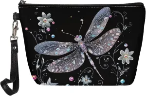 Leather Cosmetic Bag for Women Girl, Dragonfly Flower Printed Portable Toiletry Bag Small Purse with Zipper and Handle, Waterproof Large Make Up Bag, Portable Travel Accessories