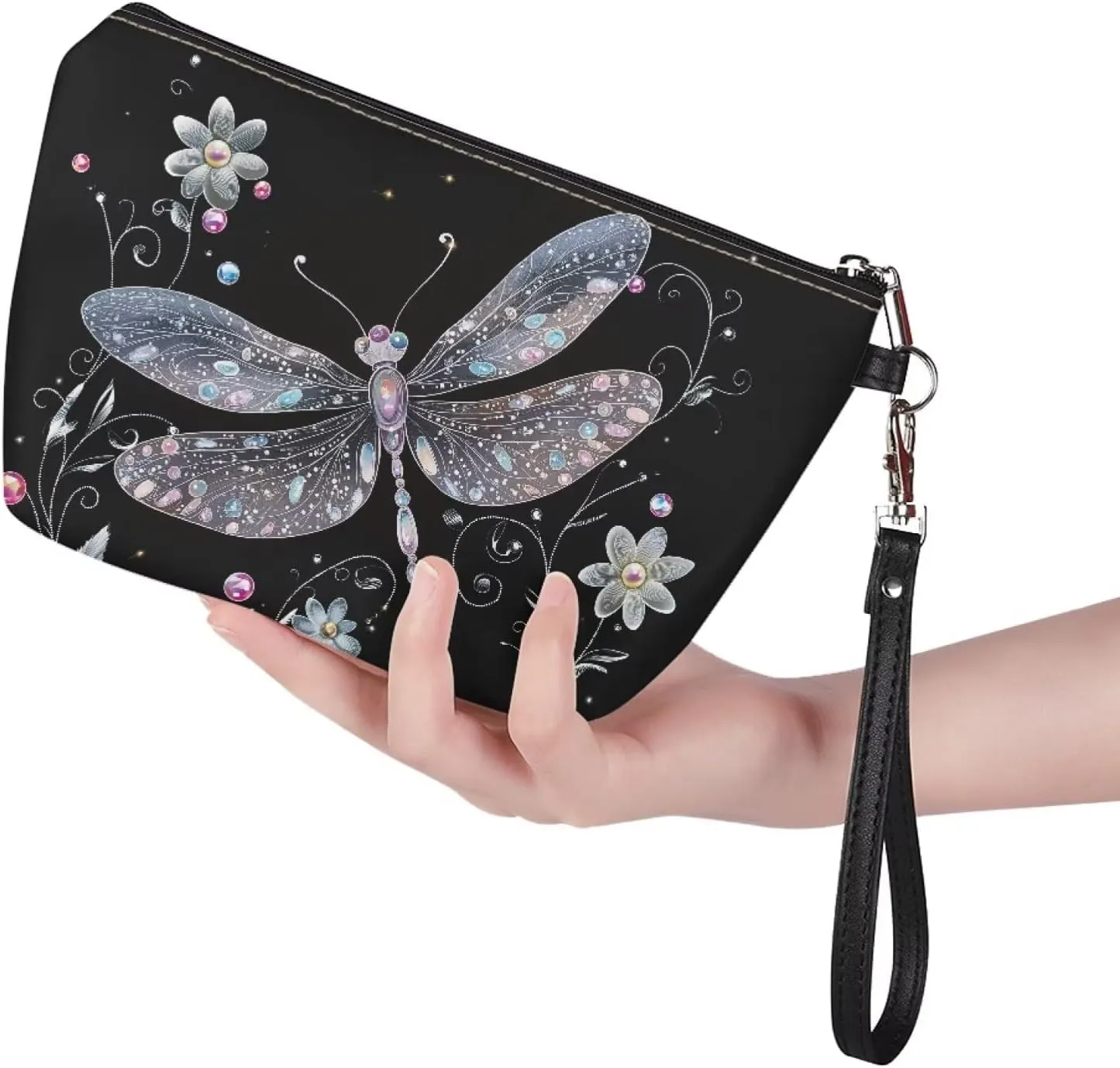 Leather Cosmetic Bag for Women Girl, Dragonfly Flower Printed Portable Toiletry Bag Small Purse with Zipper and Handle, Waterproof Large Make Up Bag, Portable Travel Accessories
