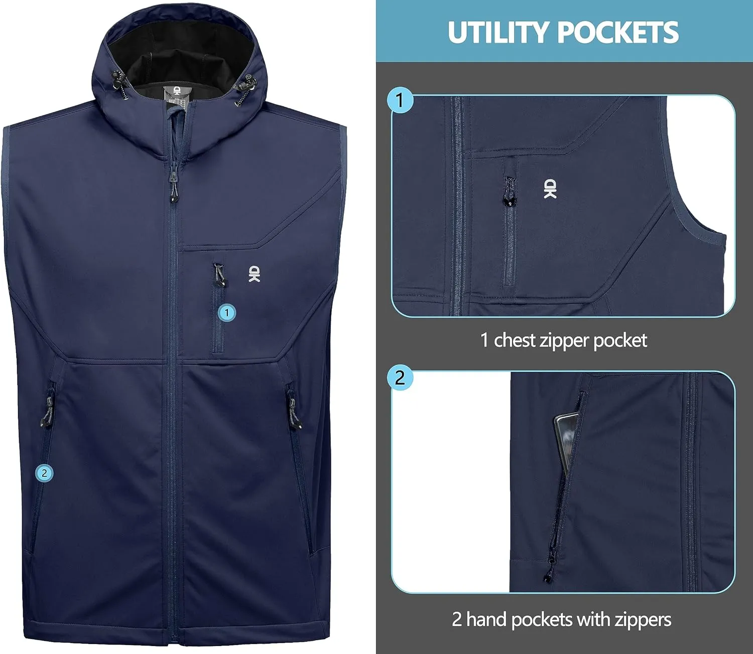 Little Donkey Andy Men's Lightweight Softshell Vest Windproof Sleeveless Jacket for Travel Hiking Running Golf