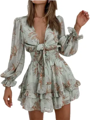 Long Sleeve Printed Dress for Women Summer Tunic Tie Front Elastic Waist Tiered Ruffle Layer Floral Balloon V-Neck