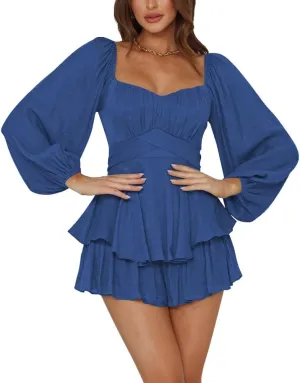 LYANER Women's Jumpsuit Lantern Long Sleeve Ruffle Layer Tie Mini Short Romper