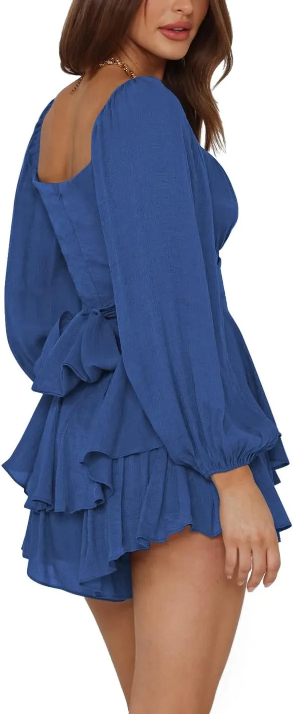 LYANER Women's Jumpsuit Lantern Long Sleeve Ruffle Layer Tie Mini Short Romper