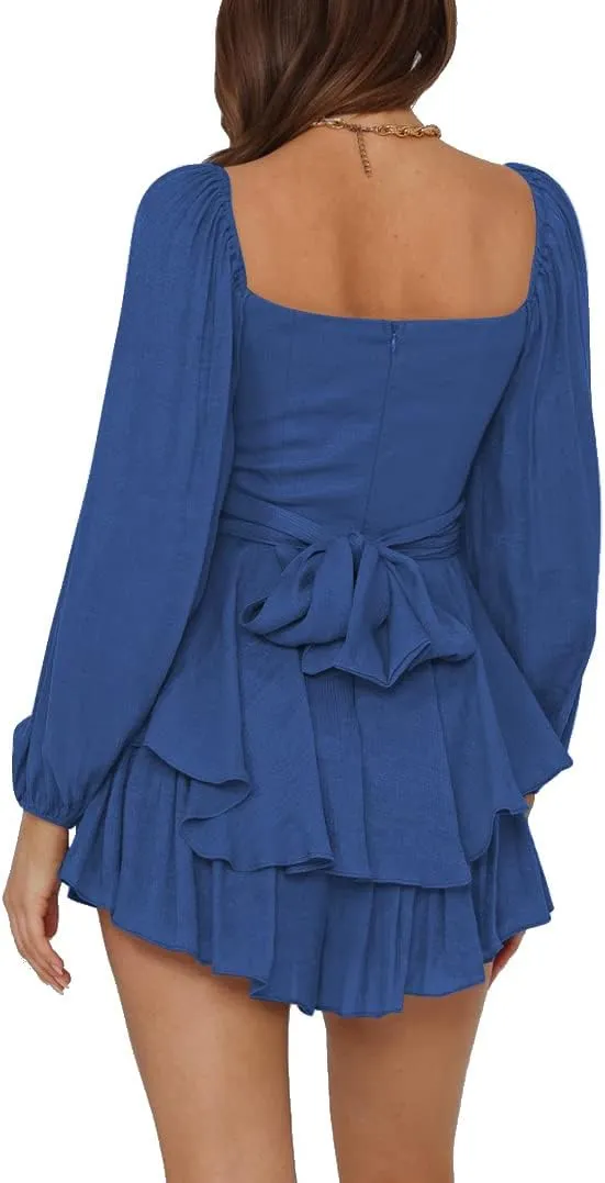 LYANER Women's Jumpsuit Lantern Long Sleeve Ruffle Layer Tie Mini Short Romper