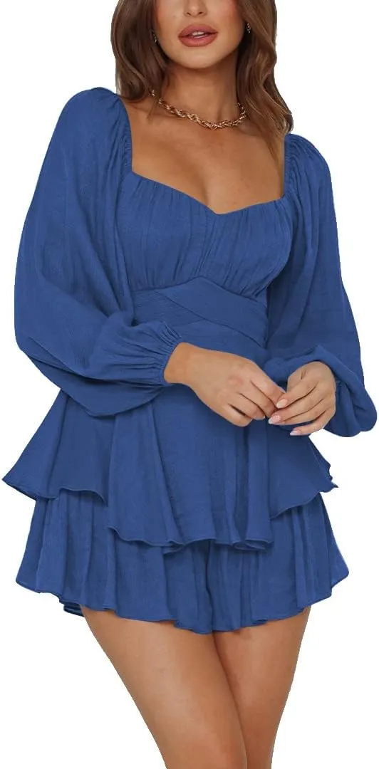 LYANER Women's Jumpsuit Lantern Long Sleeve Ruffle Layer Tie Mini Short Romper