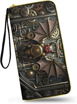 Mechanical Bat Print Slim Wallet for Women Steampunk Animal Large Capacity Wristlet Clutch Bag, Gear Pipes Pattern Long Zip Clutch Wallets for Women Travel Coin Purse