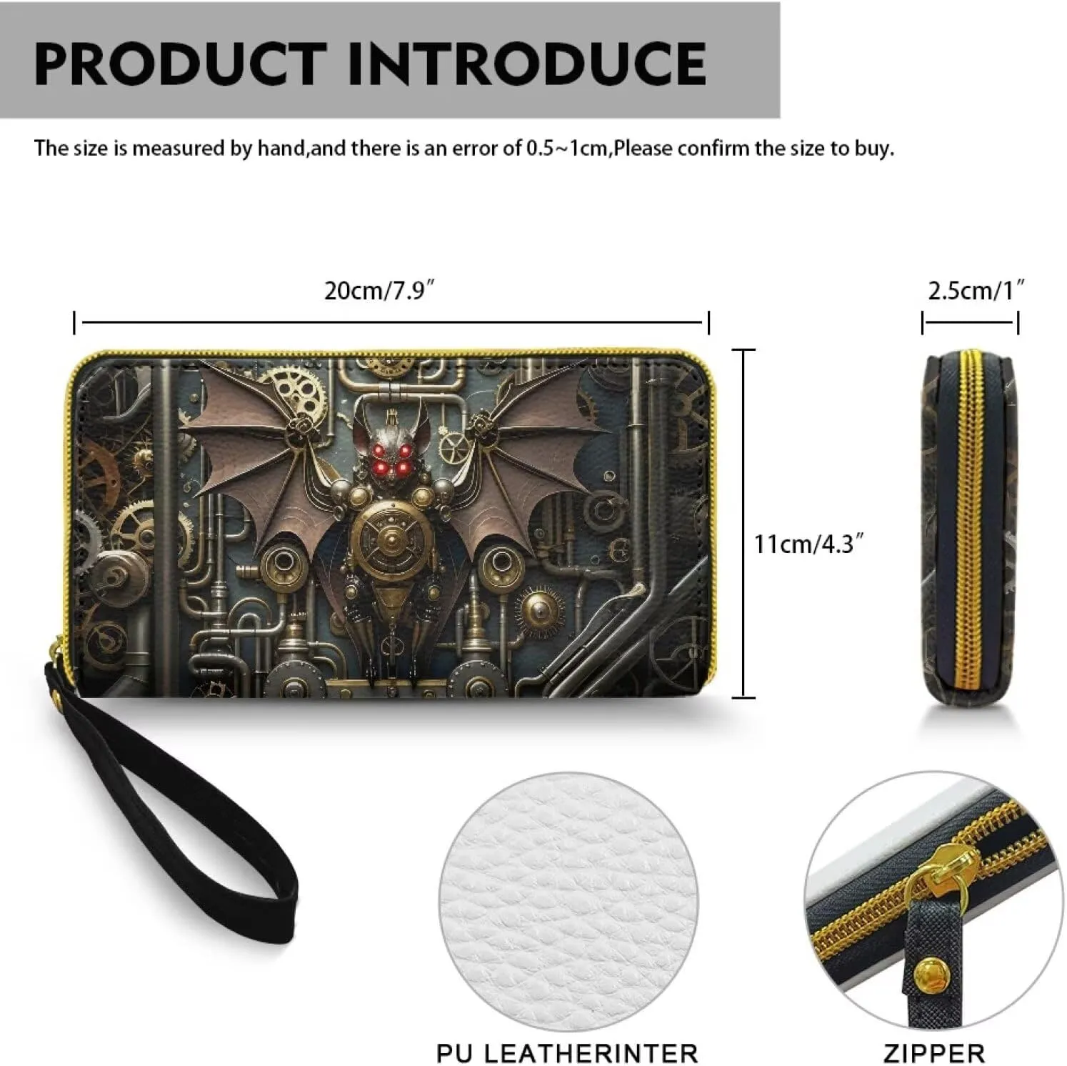 Mechanical Bat Print Slim Wallet for Women Steampunk Animal Large Capacity Wristlet Clutch Bag, Gear Pipes Pattern Long Zip Clutch Wallets for Women Travel Coin Purse