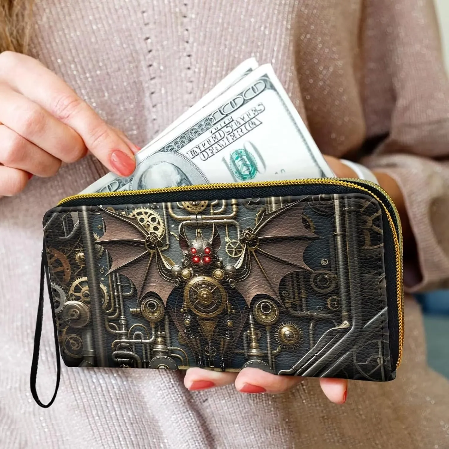 Mechanical Bat Print Slim Wallet for Women Steampunk Animal Large Capacity Wristlet Clutch Bag, Gear Pipes Pattern Long Zip Clutch Wallets for Women Travel Coin Purse