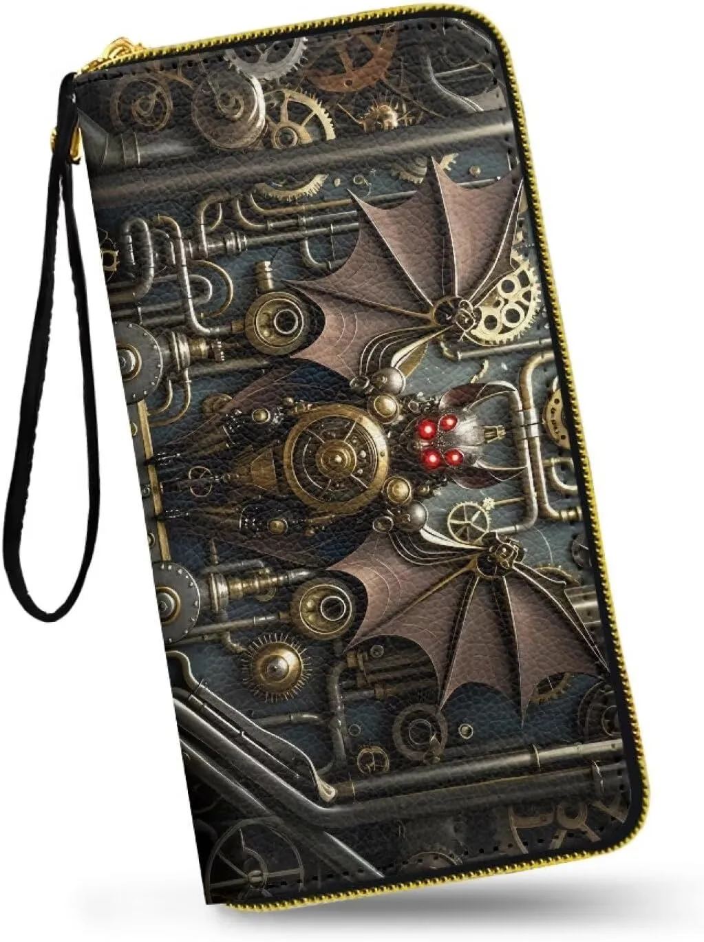 Mechanical Bat Print Slim Wallet for Women Steampunk Animal Large Capacity Wristlet Clutch Bag, Gear Pipes Pattern Long Zip Clutch Wallets for Women Travel Coin Purse