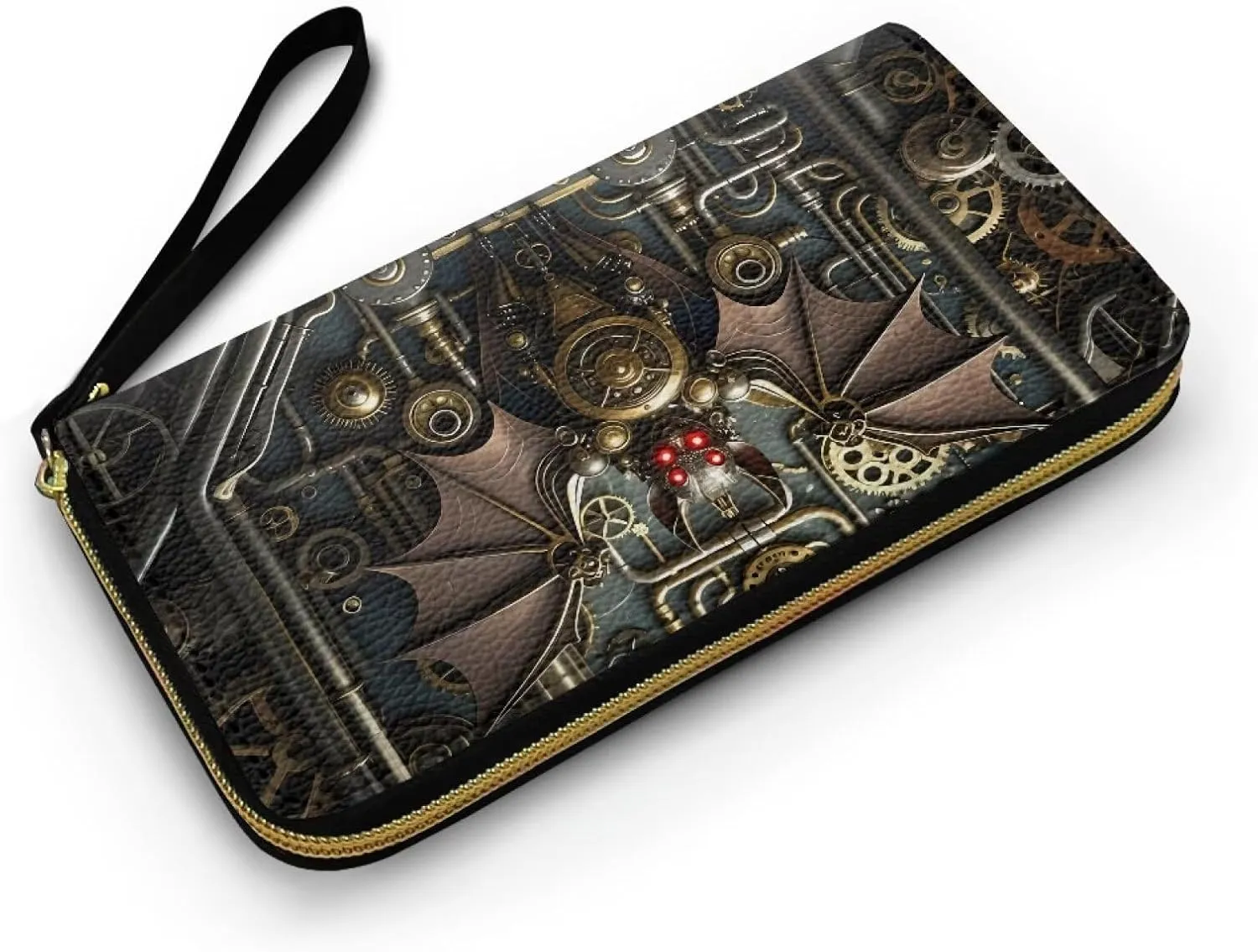 Mechanical Bat Print Slim Wallet for Women Steampunk Animal Large Capacity Wristlet Clutch Bag, Gear Pipes Pattern Long Zip Clutch Wallets for Women Travel Coin Purse