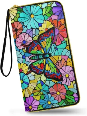 Mosaic Art Butterfly Flowers Women's Long Wallet PU Leather Purse with Card Holder, Stained Glass Color Butterflies Zipper Clutch Wristlet Wallet for Travel, Work