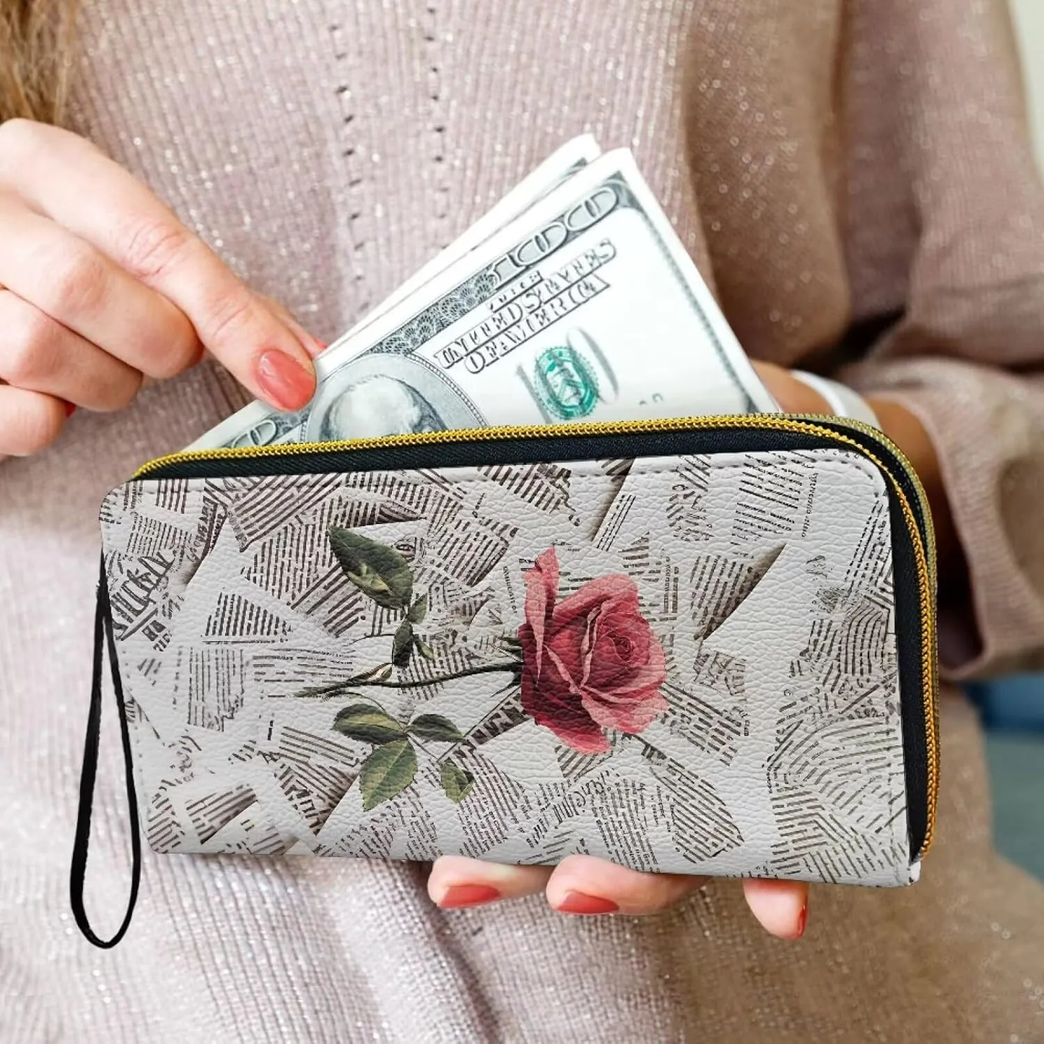 Newspaper Flowers Slim Wallets for Women, Red Rose Print Large Capacity PU Leather Clutch Wallet, Collage Art Paper Printed Credit Card Holder with Wristlet Strap
