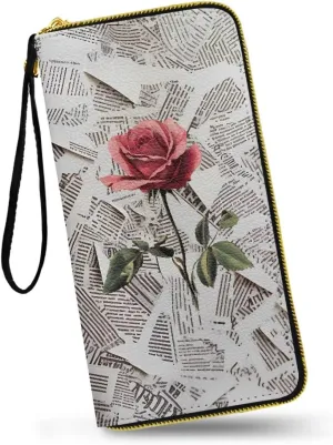Newspaper Flowers Slim Wallets for Women, Red Rose Print Large Capacity PU Leather Clutch Wallet, Collage Art Paper Printed Credit Card Holder with Wristlet Strap