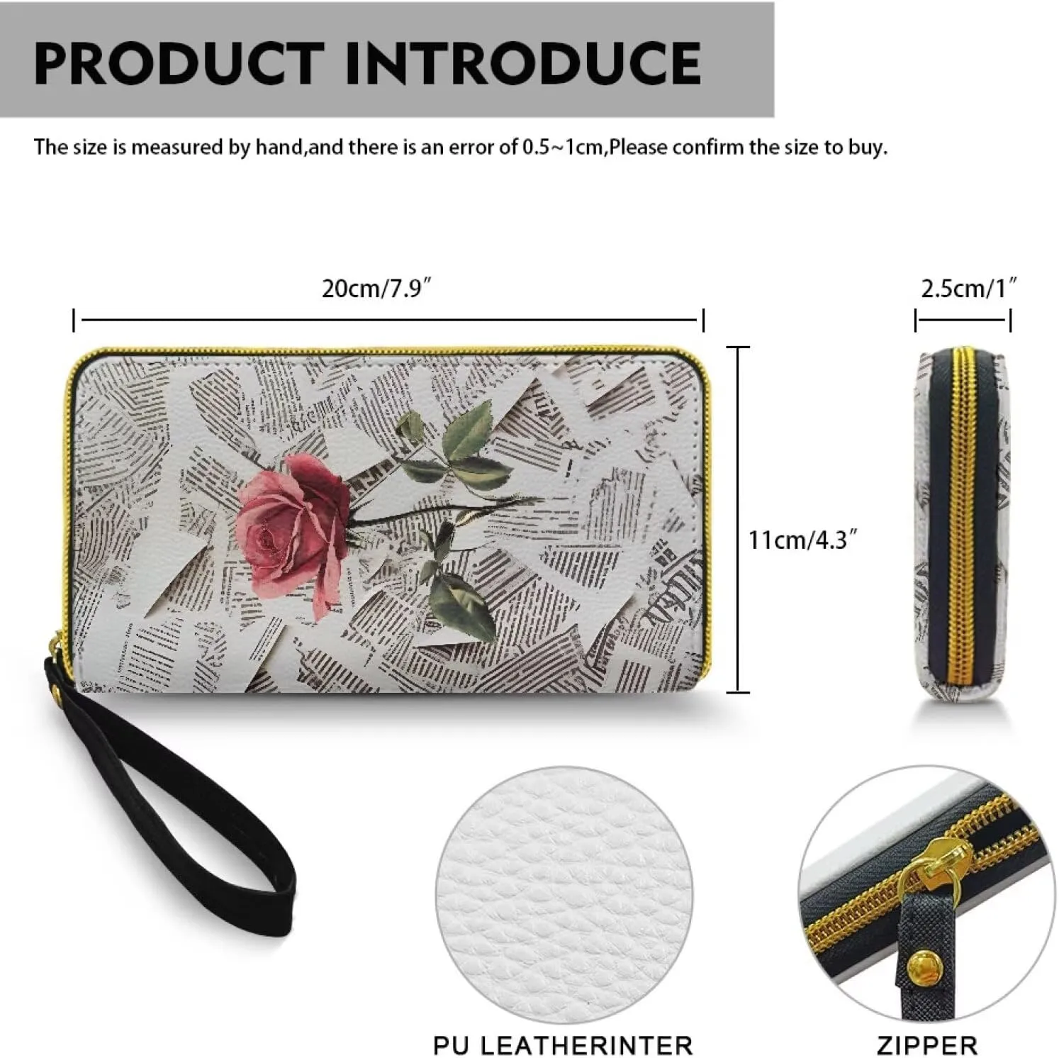 Newspaper Flowers Slim Wallets for Women, Red Rose Print Large Capacity PU Leather Clutch Wallet, Collage Art Paper Printed Credit Card Holder with Wristlet Strap