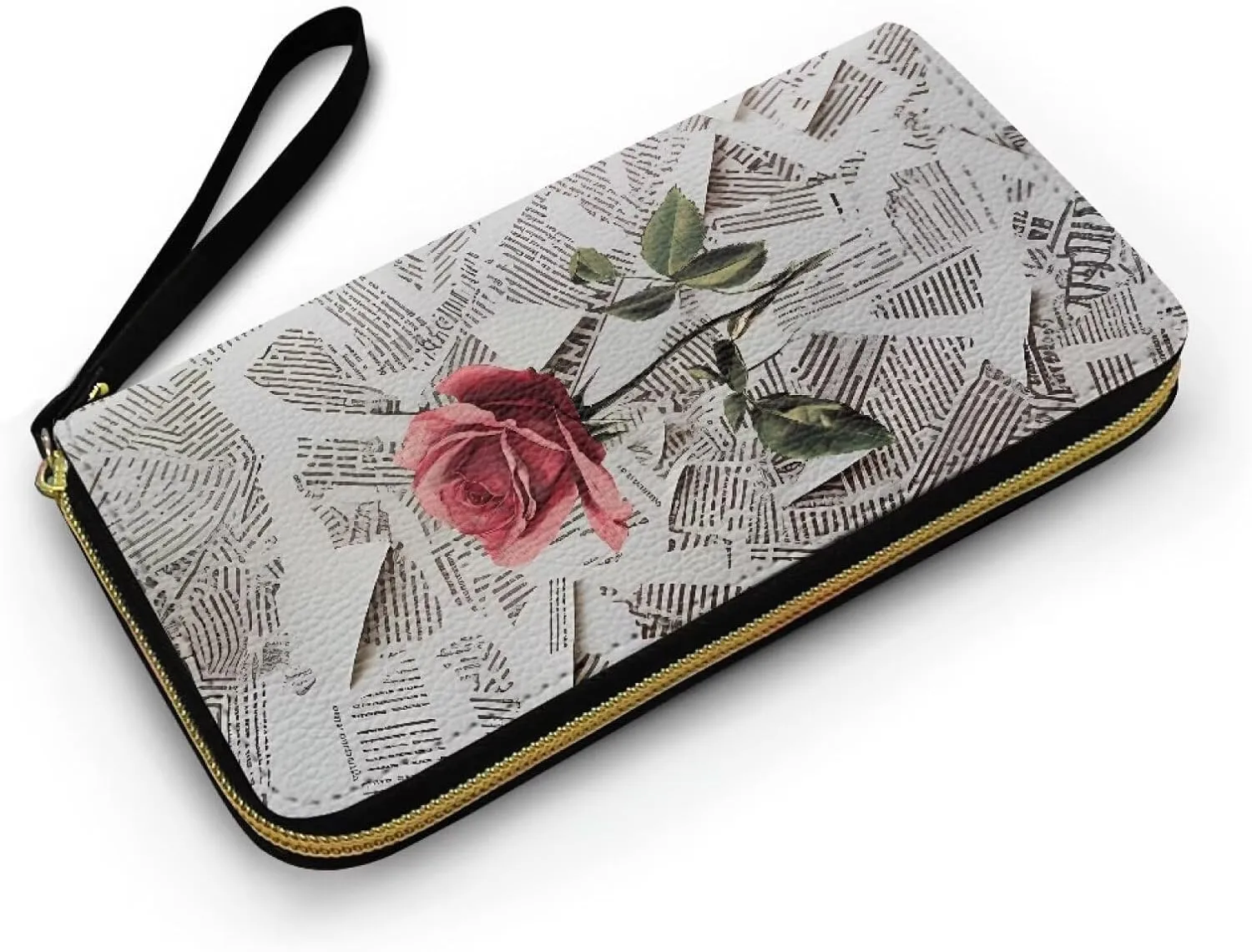 Newspaper Flowers Slim Wallets for Women, Red Rose Print Large Capacity PU Leather Clutch Wallet, Collage Art Paper Printed Credit Card Holder with Wristlet Strap