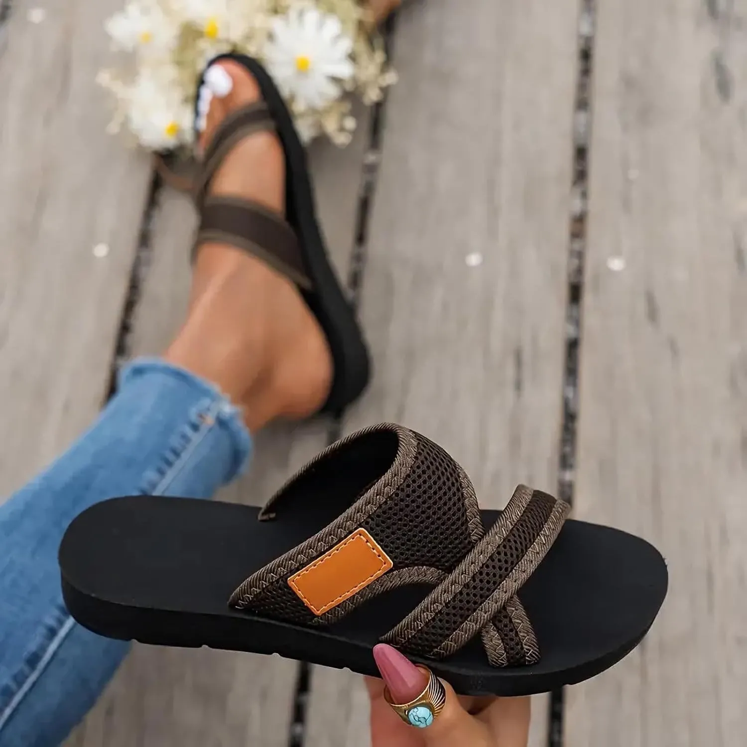 Orthopedic Sandals for Women Womens Hollow Mesh Slide Sandals with Arch Support Comfortable Slip On Beach Slippers