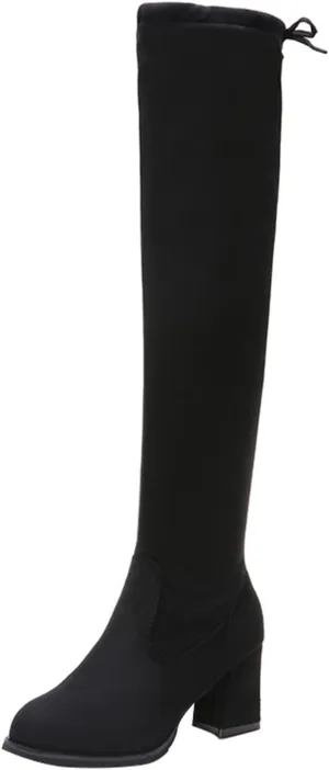 Over the Knee Boots for Women Knee High Boots Retro Fashion Winter Flock Thigh High Block Heels Boots for Women