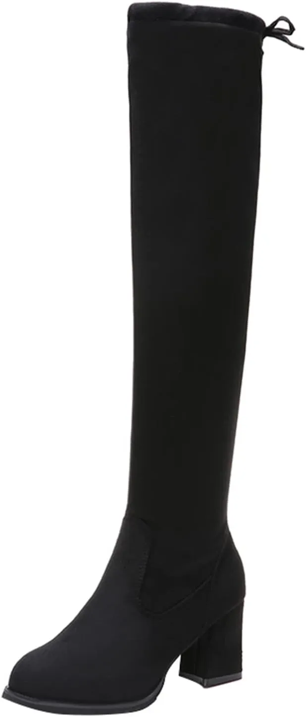 Over the Knee Boots for Women Knee High Boots Retro Fashion Winter Flock Thigh High Block Heels Boots for Women