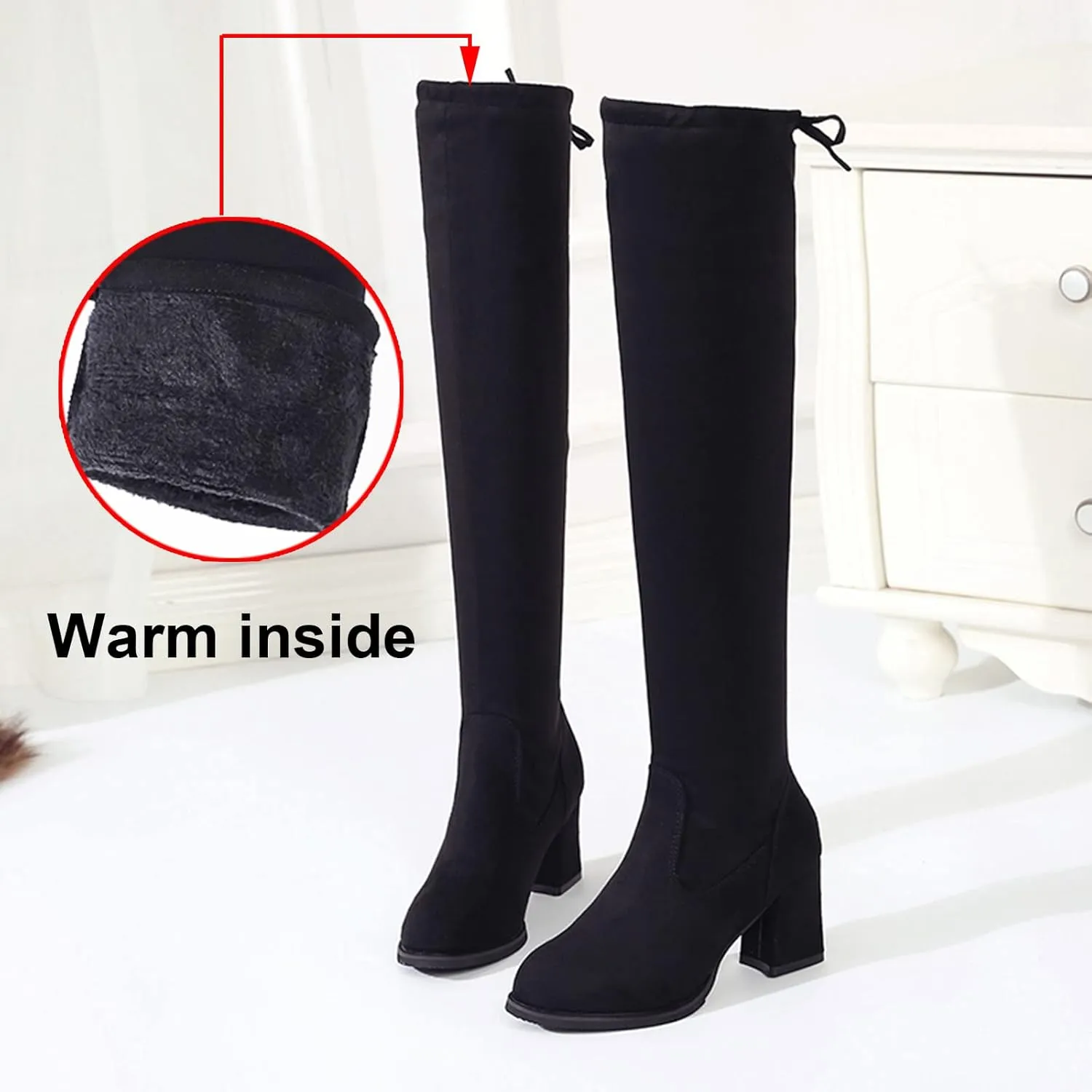 Over the Knee Boots for Women Knee High Boots Retro Fashion Winter Flock Thigh High Block Heels Boots for Women