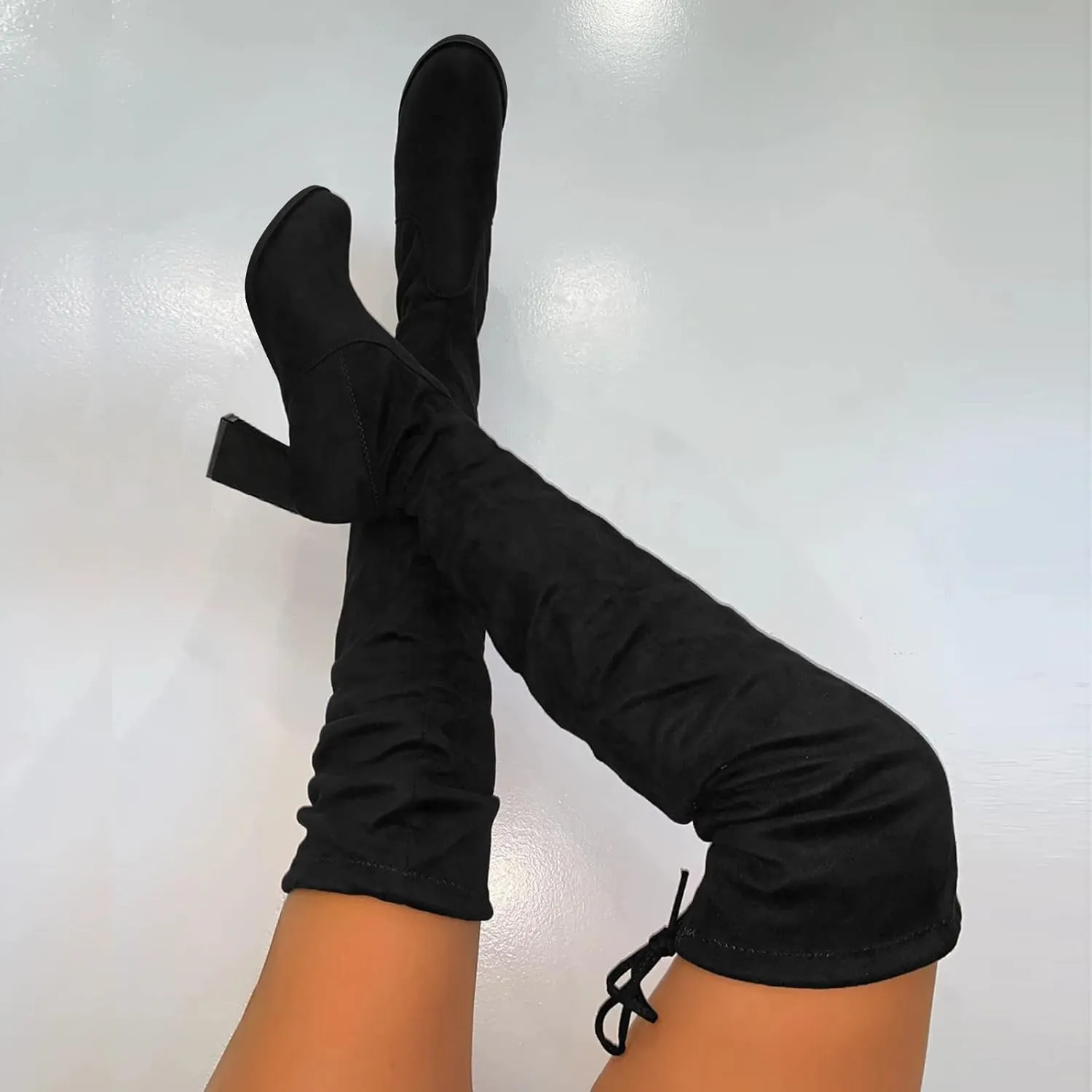 Over the Knee Boots for Women Knee High Boots Retro Fashion Winter Flock Thigh High Block Heels Boots for Women