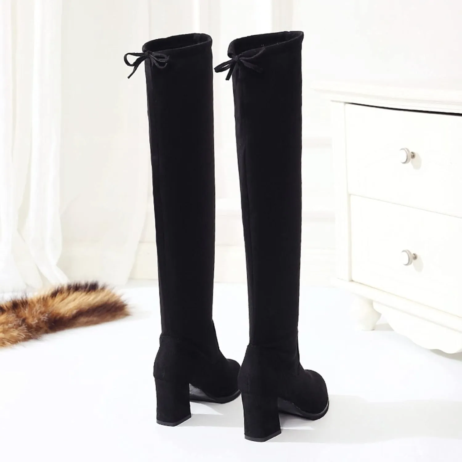 Over the Knee Boots for Women Knee High Boots Retro Fashion Winter Flock Thigh High Block Heels Boots for Women