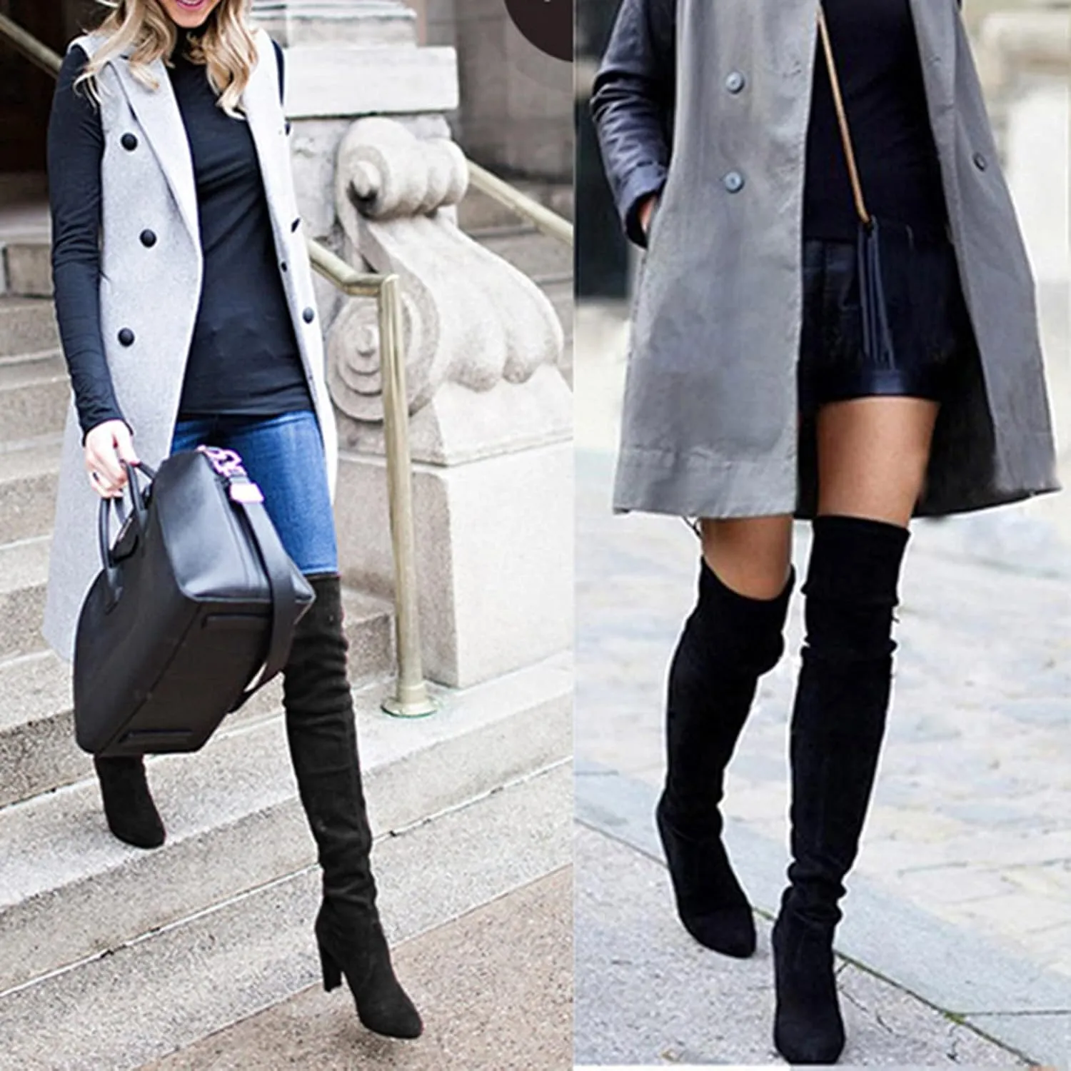 Over the Knee Boots for Women Knee High Boots Retro Fashion Winter Flock Thigh High Block Heels Boots for Women