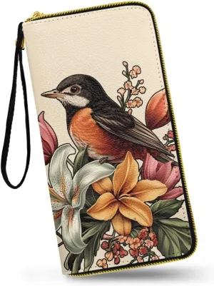 Painting Bird Flowers Women Zip Around Organizer Wallet, Sketch American Robin Print Long Zipper PU Clutch Long Purse Wallet for Credit Card