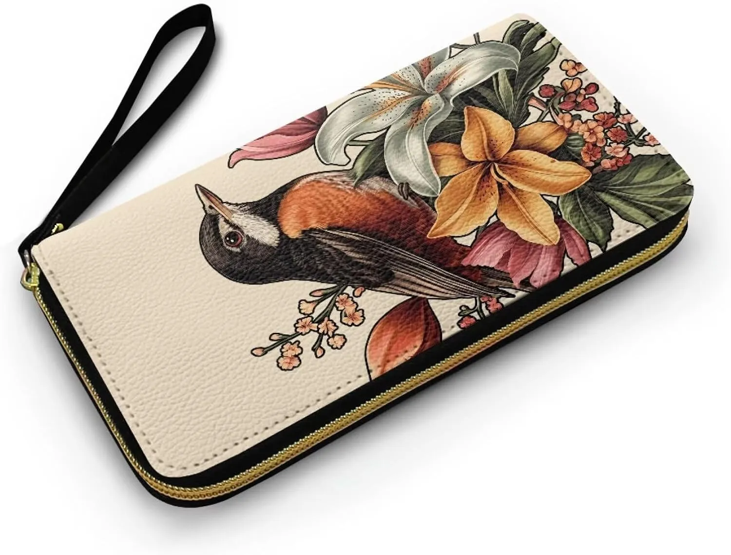 Painting Bird Flowers Women Zip Around Organizer Wallet, Sketch American Robin Print Long Zipper PU Clutch Long Purse Wallet for Credit Card