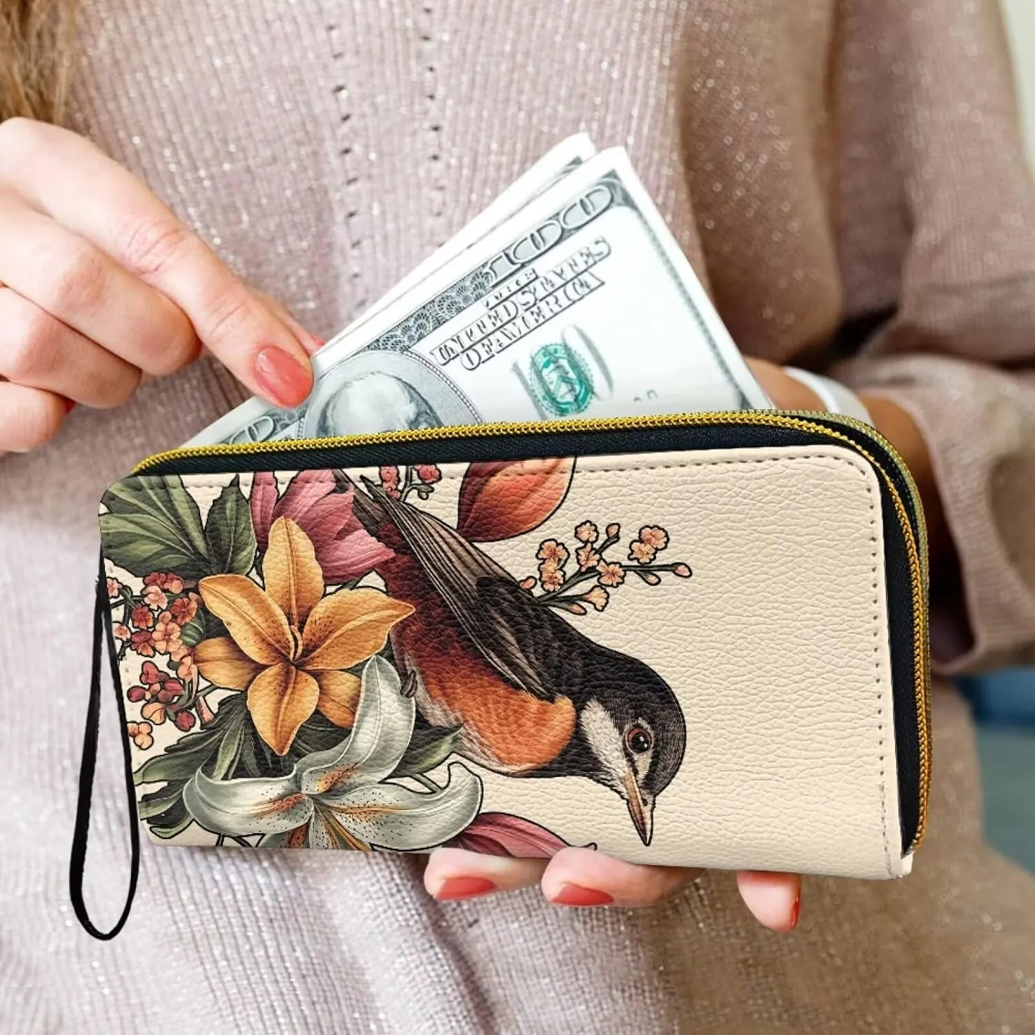 Painting Bird Flowers Women Zip Around Organizer Wallet, Sketch American Robin Print Long Zipper PU Clutch Long Purse Wallet for Credit Card