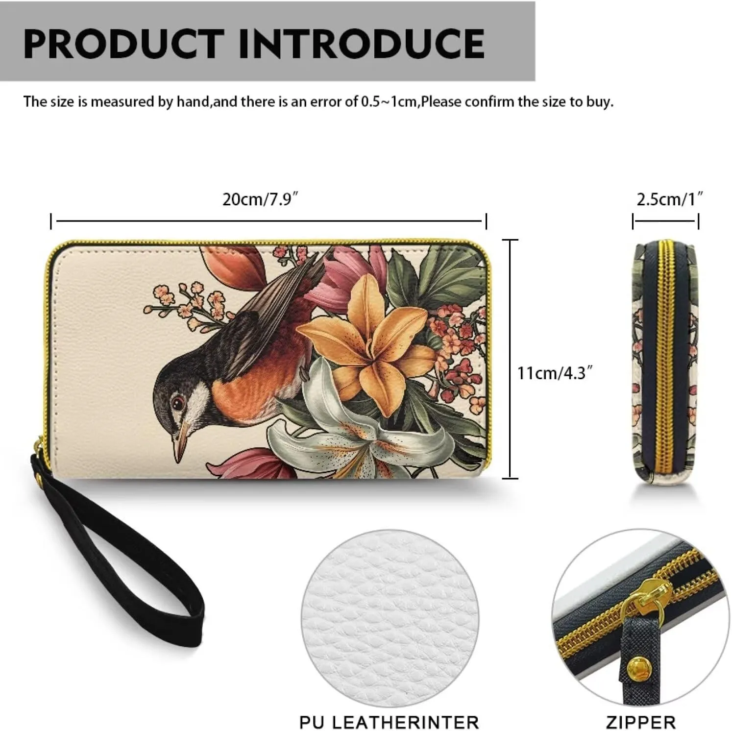 Painting Bird Flowers Women Zip Around Organizer Wallet, Sketch American Robin Print Long Zipper PU Clutch Long Purse Wallet for Credit Card